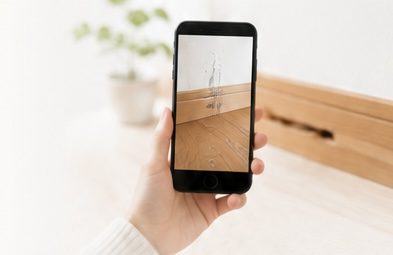 スマホで床の傷を撮影している様子